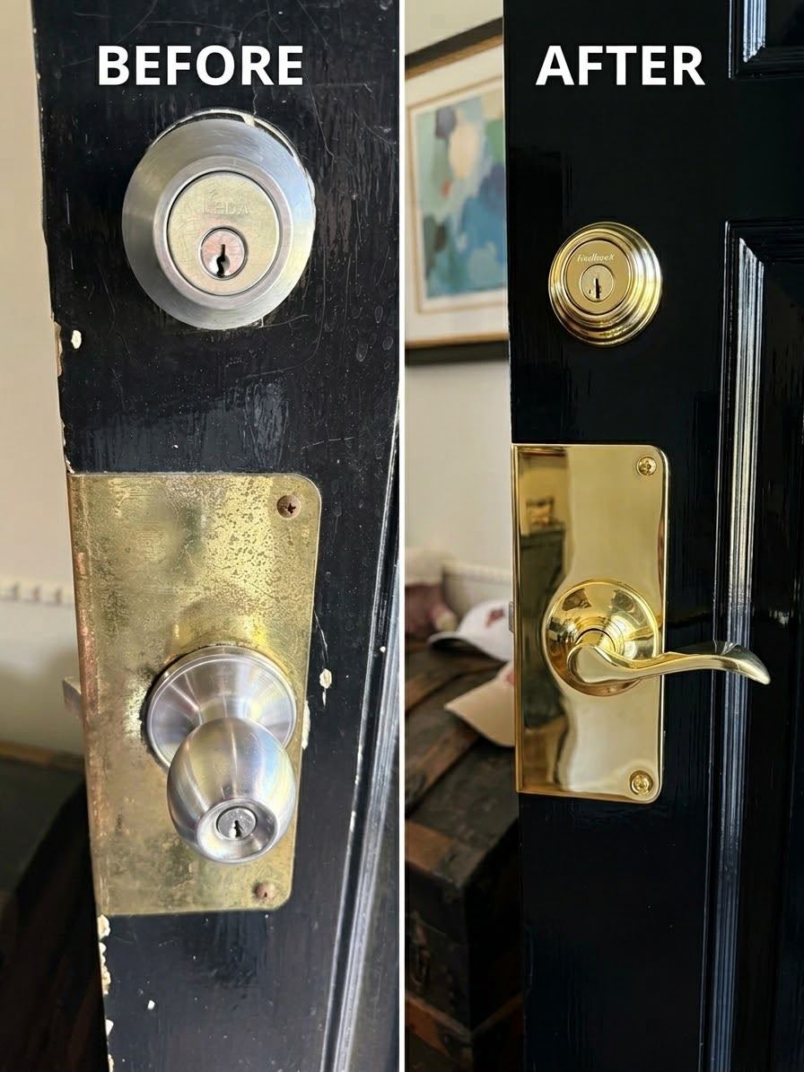 Before and after of a worn lock set replaced with polished brass hardware