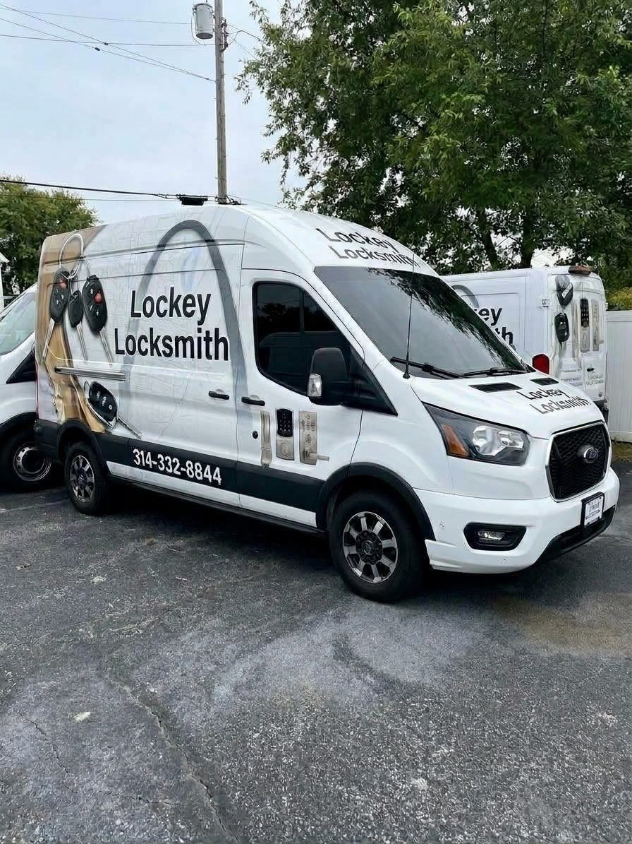 Two white Lockey Locksmith vans parked on a lot